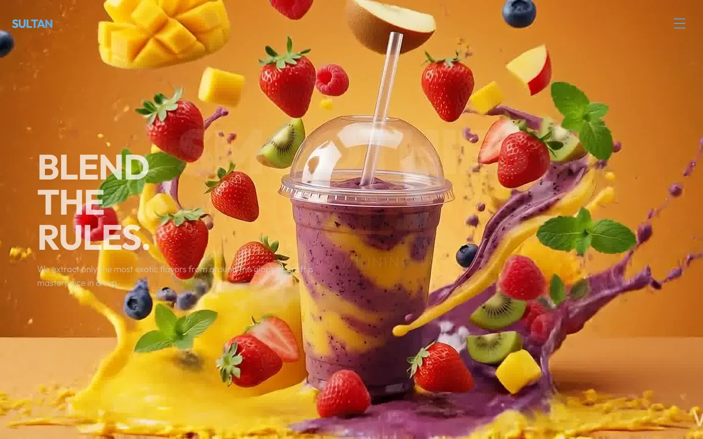 A smoothie cup bursting into strawberries, mango and blueberries