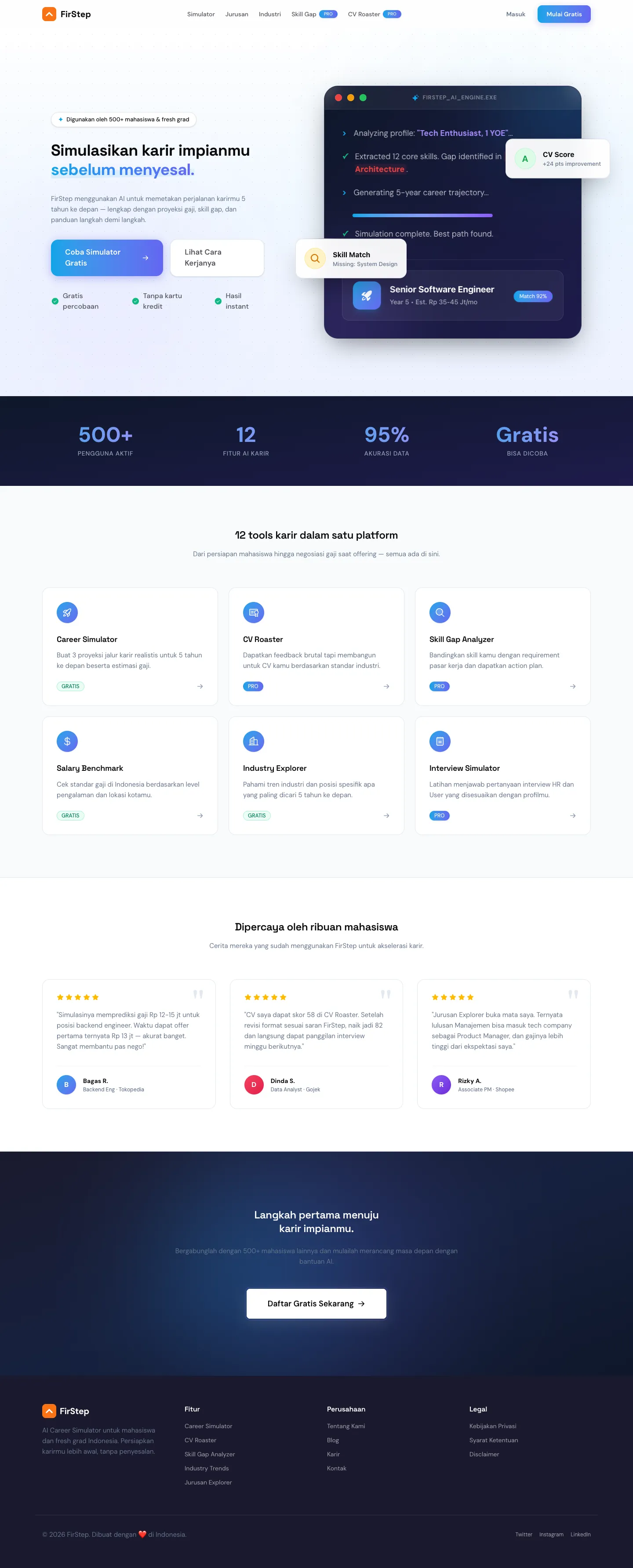 The full FirStep landing page: hero, stats, the twelve career tools, testimonials and footer