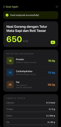 LensLift showing 650 kcal for a plate of nasi goreng, analysed by AI