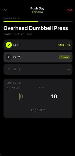 Active workout session logging sets